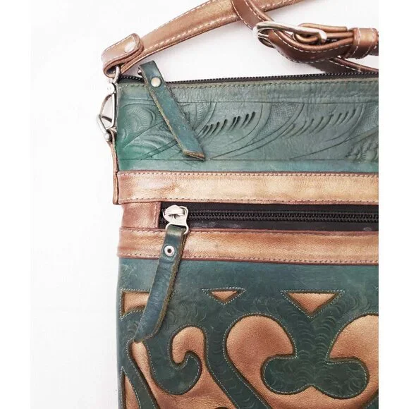 Leaders in Leather Skinny Crossbody Shoulder Bag Tote Cutout Tooled Leather - Picture 8 of 11